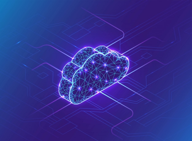 Hybrid Cloud concept illustrated with a glowing digital cloud connected to a futuristic network and data connections.