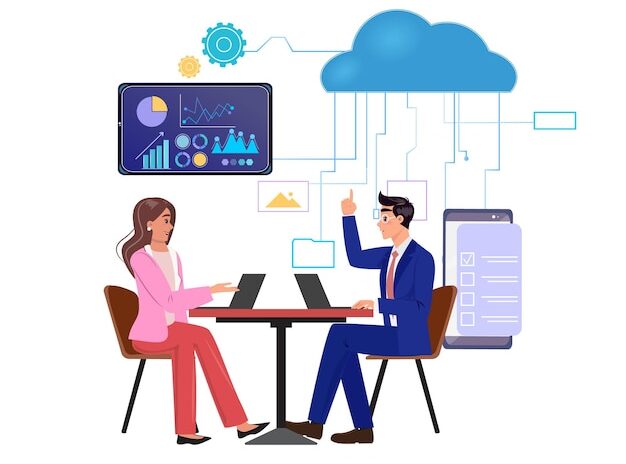 Illustration of two professionals collaborating, with data analytics and cloud computing icons representing Private Cloud Providers for Small Businesses, showcasing digital workflows and cloud-based data sharing.