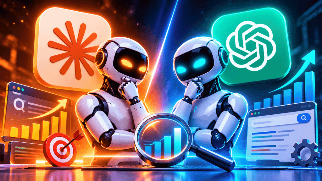 Claude and ChatGPT AI robots comparing SEO performance, with search analytics, keyword research charts, a magnifying glass, and ranking growth indicators.