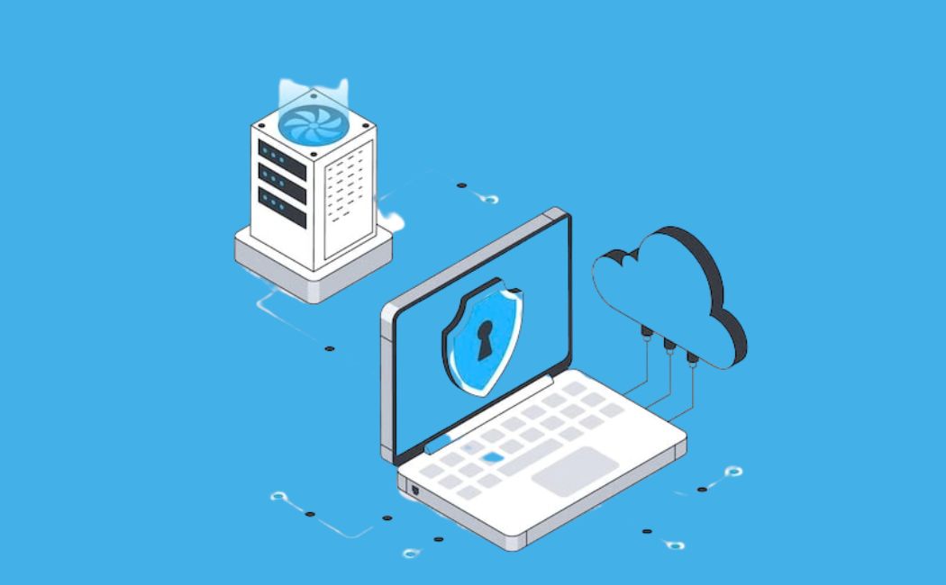 Illustration of a virtual private cloud showing a laptop with a security shield icon connected to a server and cloud network.