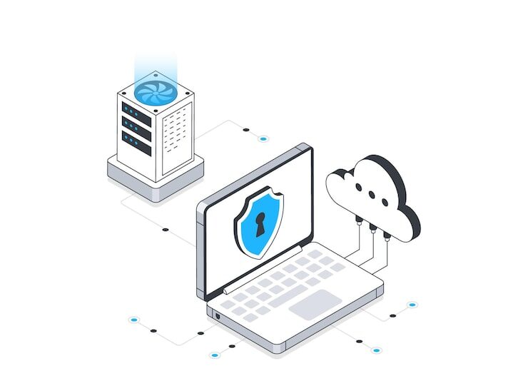 Illustration of a virtual private cloud showing a laptop with a security shield icon connected to a server and cloud network.