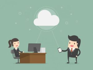Illustration of a businesswoman at a desk and a businessman using a smartphone, both interacting with a private Cloud for Small Business, symbolizing cloud-based data sharing and communication.