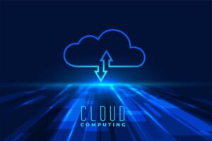 Futuristic blue digital background illustrating Cloud Computing with a glowing cloud icon and up-and-down data transfer arrows above a high-tech network grid.