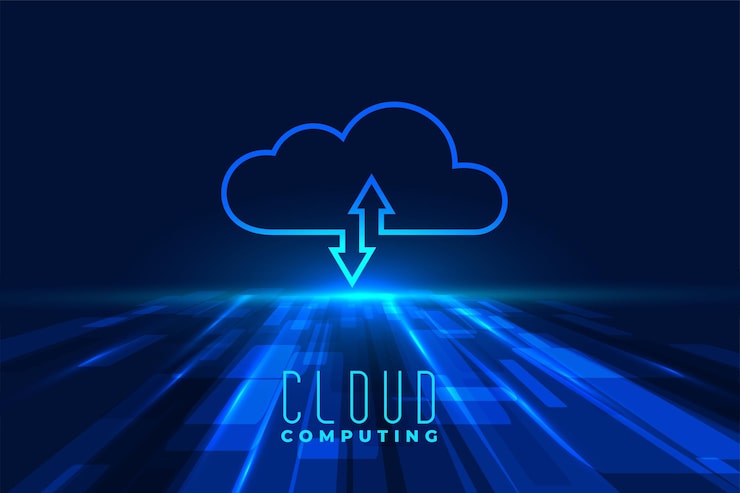 Futuristic blue digital background illustrating Cloud Computing with a glowing cloud icon and up-and-down data transfer arrows above a high-tech network grid.