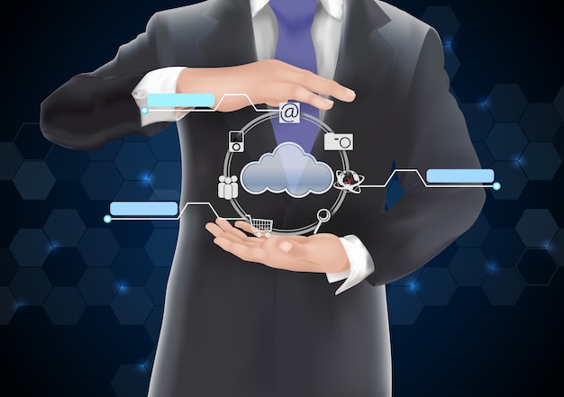 Businessman in a suit holding a glowing cloud computing globe with digital icons for email, shopping, data, and connectivity surrounding it.