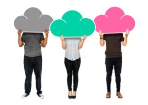 Public cloud vs private cloud vs hybrid cloud concept showing three people holding different cloud icons representing different cloud computing models.