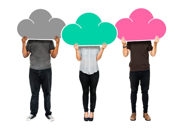 Public cloud vs private cloud vs hybrid cloud concept showing three people holding different cloud icons representing different cloud computing models.