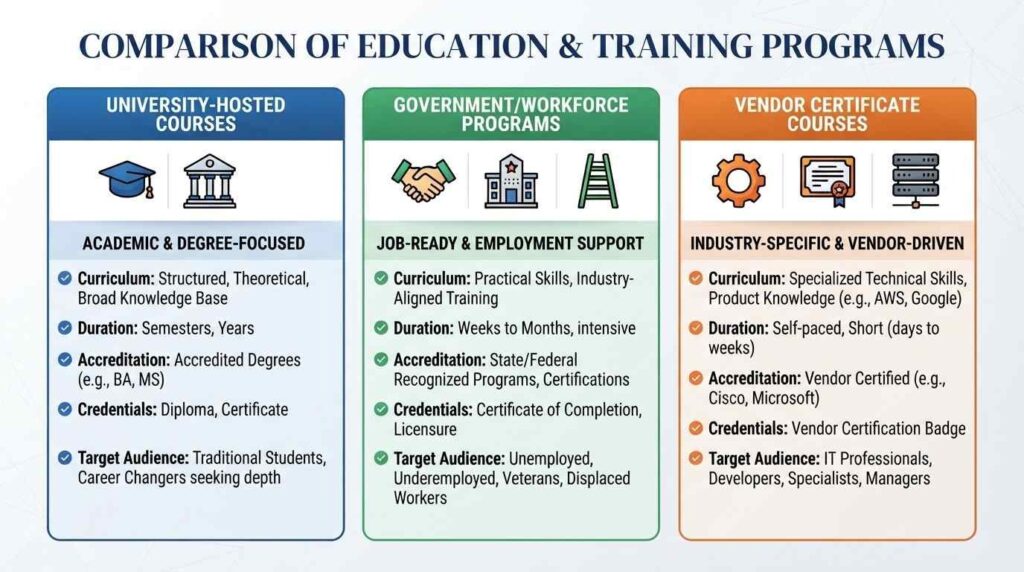 Comparison of free online course categories including university and government programs
