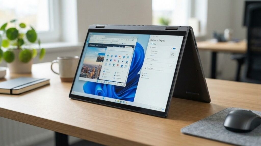 Convertible Lenovo laptop using automatic screen rotation in tent mode. screen is vertical on laptop