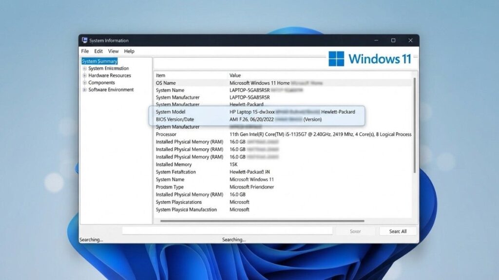 Windows System Information showing the BIOS version and laptop model