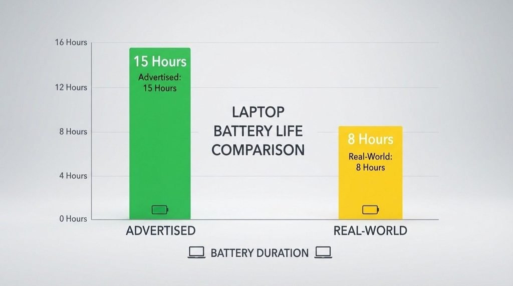 Comparison graphic of advertised versus real-world laptop battery runtime. how long should a laptop battery last