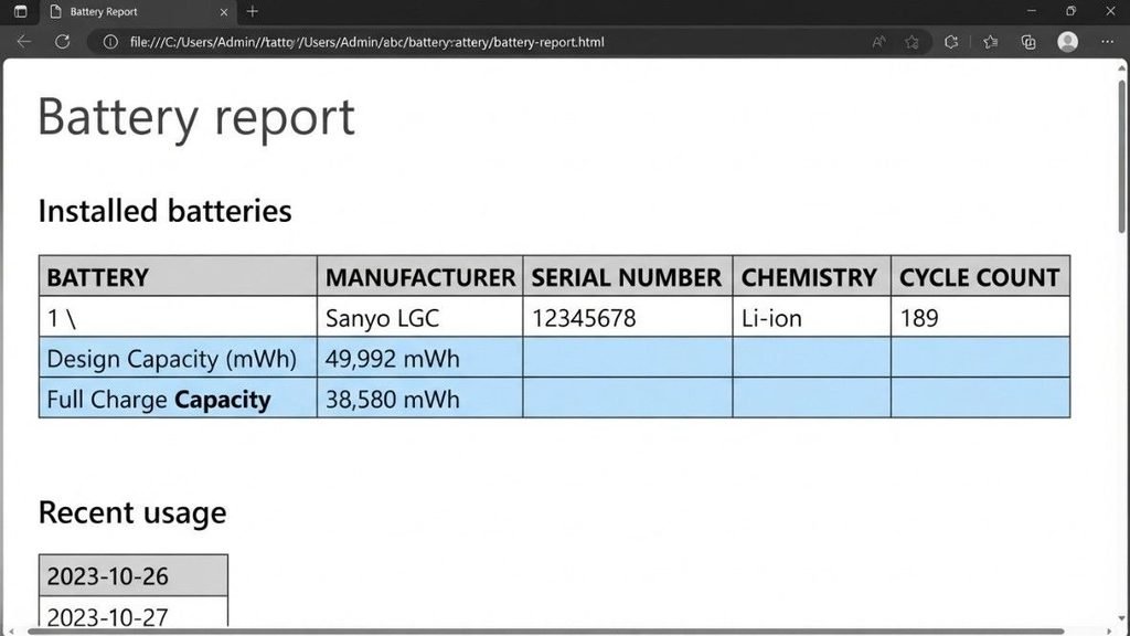 Windows battery report screen showing design capacity and full charge capacity
