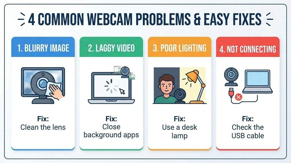 Infographic listing common laptop camera problems and quick fixes