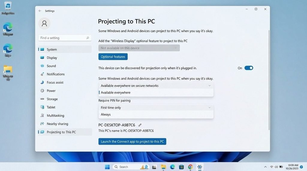Windows settings screen for projecting to this PC wirelessly how to use laptop as desktop monitor