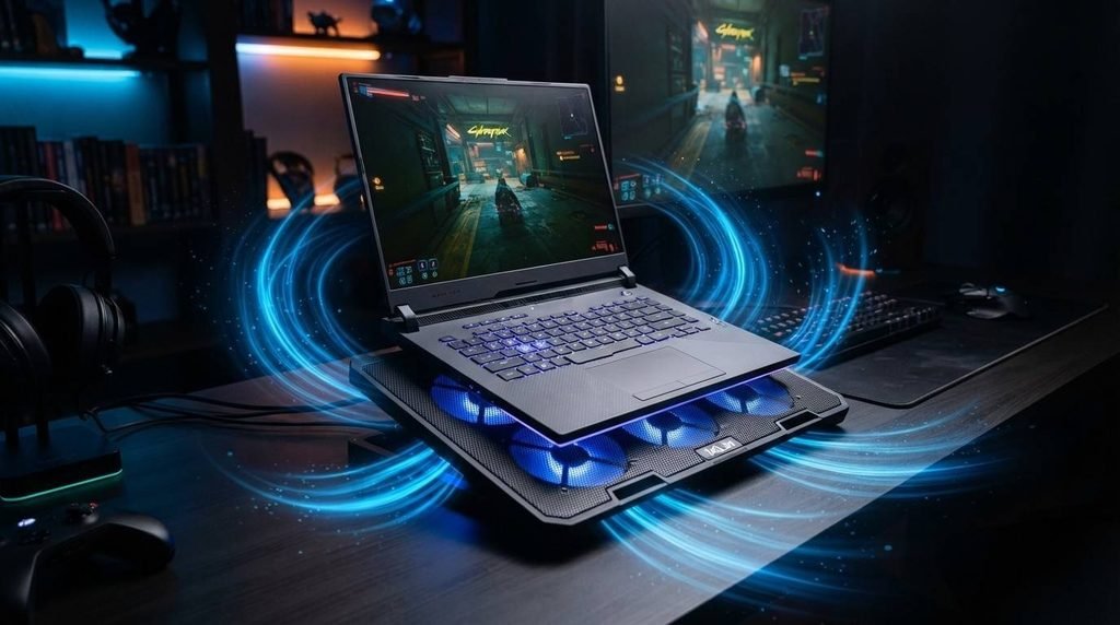 Gaming laptop placed on a cooling pad during use