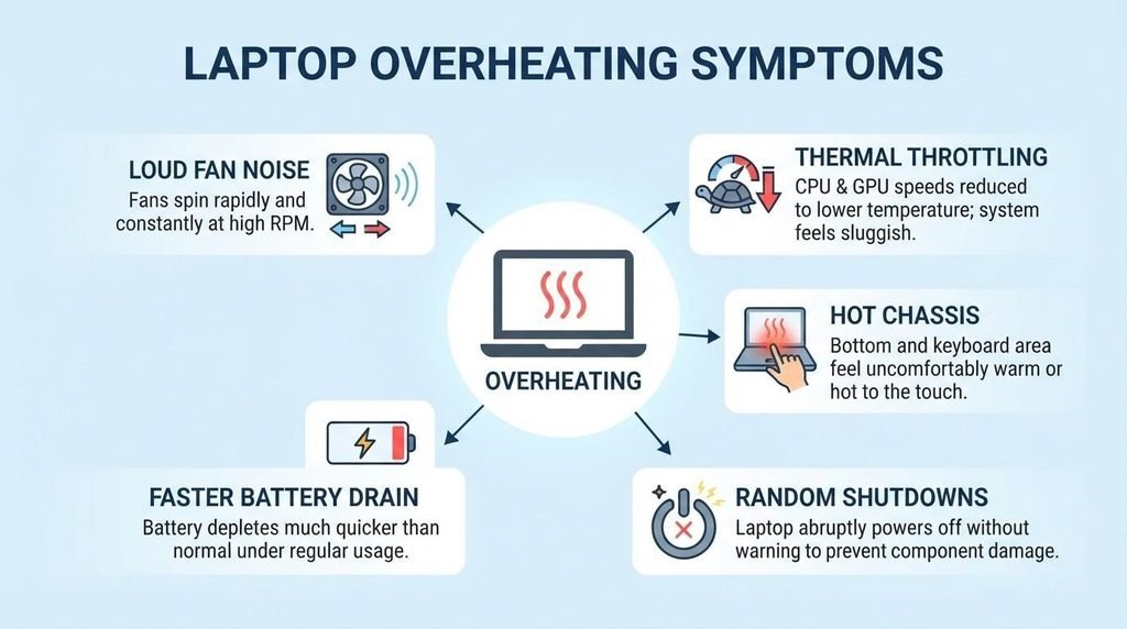 Infographic listing common warning signs that a laptop is overheating