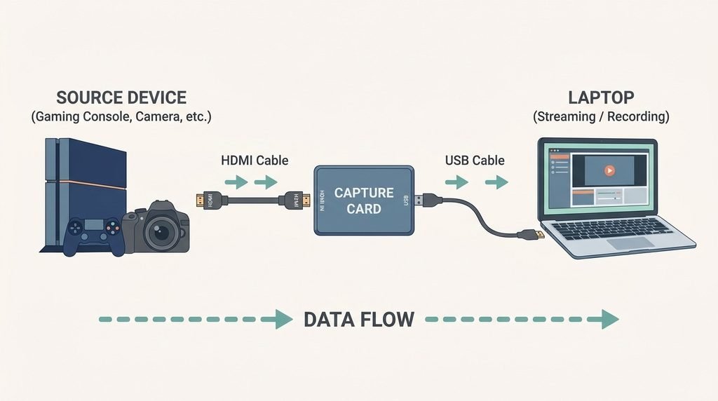 Diagram of a capture card connecting a PC to a laptop
using a laptop as a monitor
