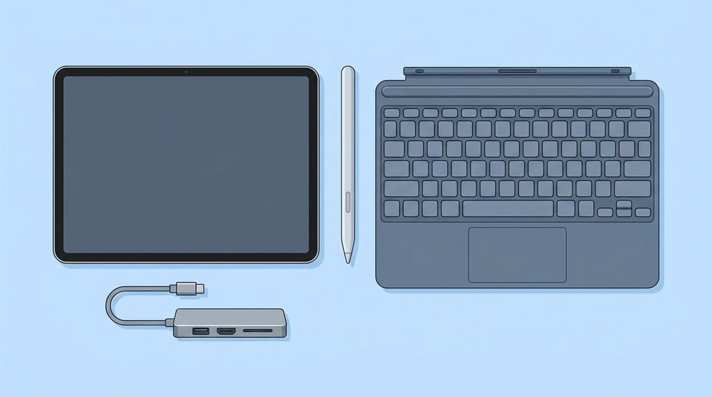Flat illustration of an iPad, keyboard case, Apple Pencil, and USB-C hub
can an ipad replace a laptop