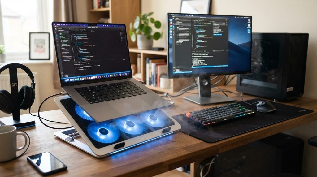 Laptop resting on a cooling pad during extended monitor use