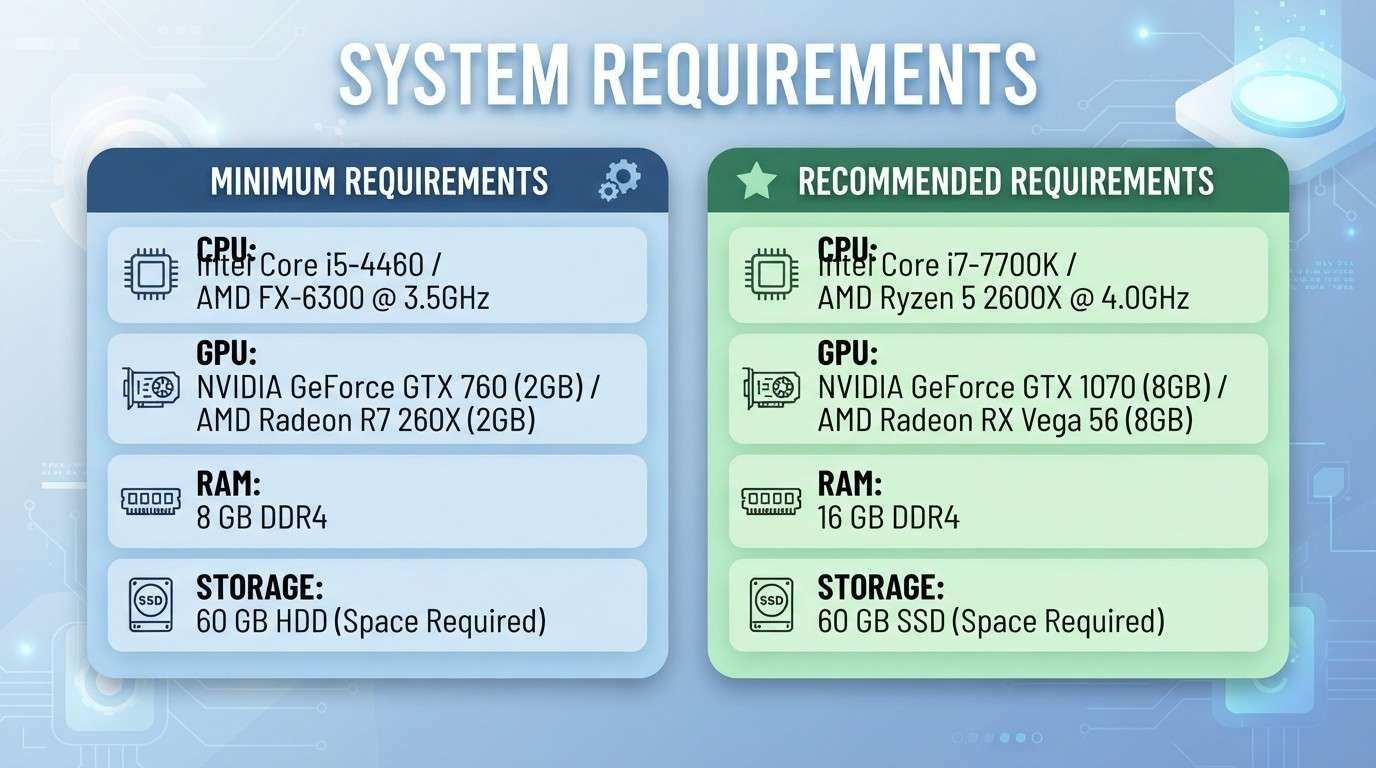 Comparison chart of minimum versus recommended PC game requirements by component