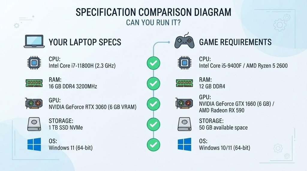 games that i can run on my laptop
Diagram comparing laptop hardware specs against game requirement lists